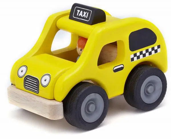 מונית צהובה עם שלט שחור TAXI מעץ