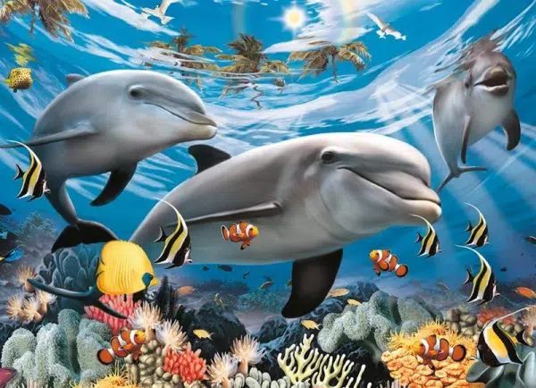 פאזל 60 חלקים - דולפינים במעמקי הים.